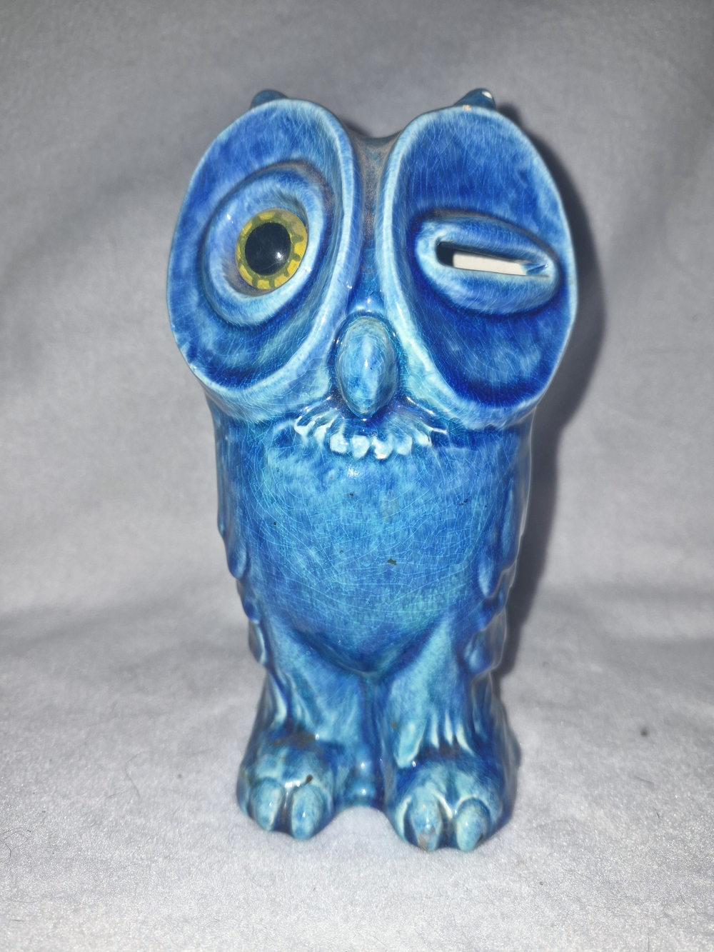 RARE Vintage Blue Glaze Haeger Winking Owl Coin Bank #8036